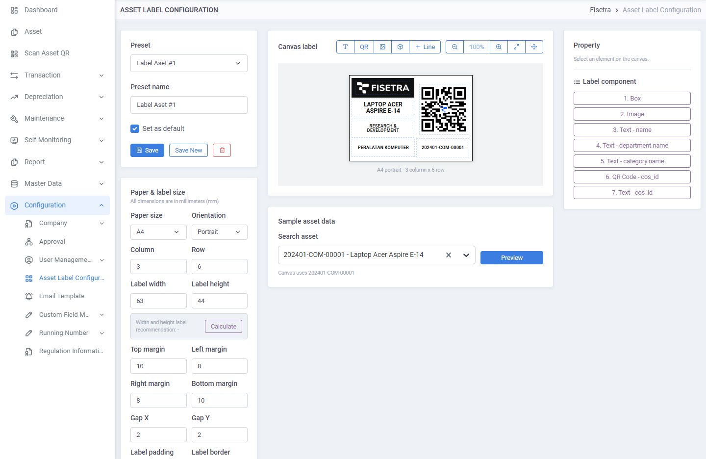 Saved label preset with an asset preview and paper controls