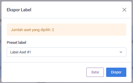 Export Label dialog with one selected asset and a saved preset