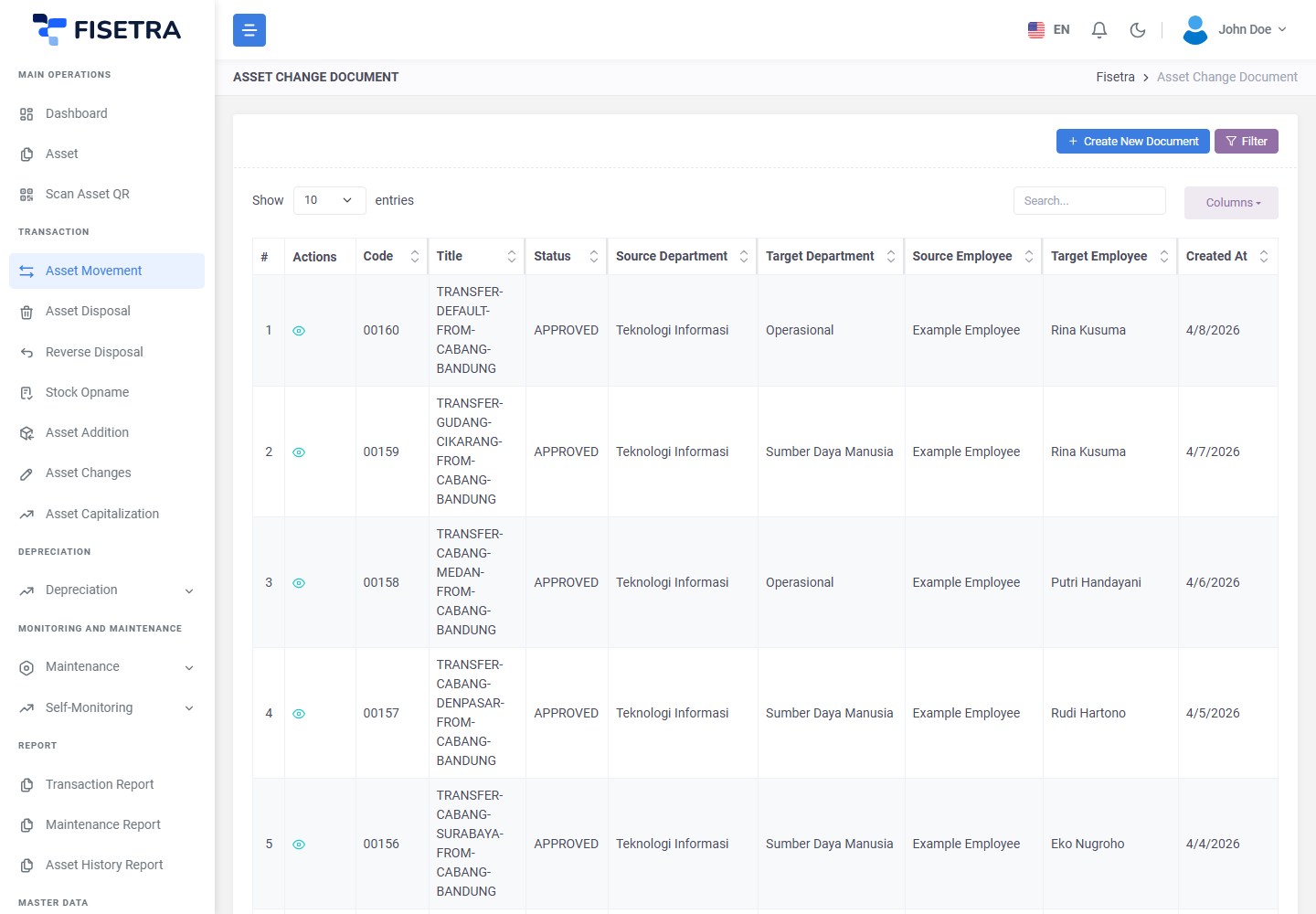 The Asset Movement document list